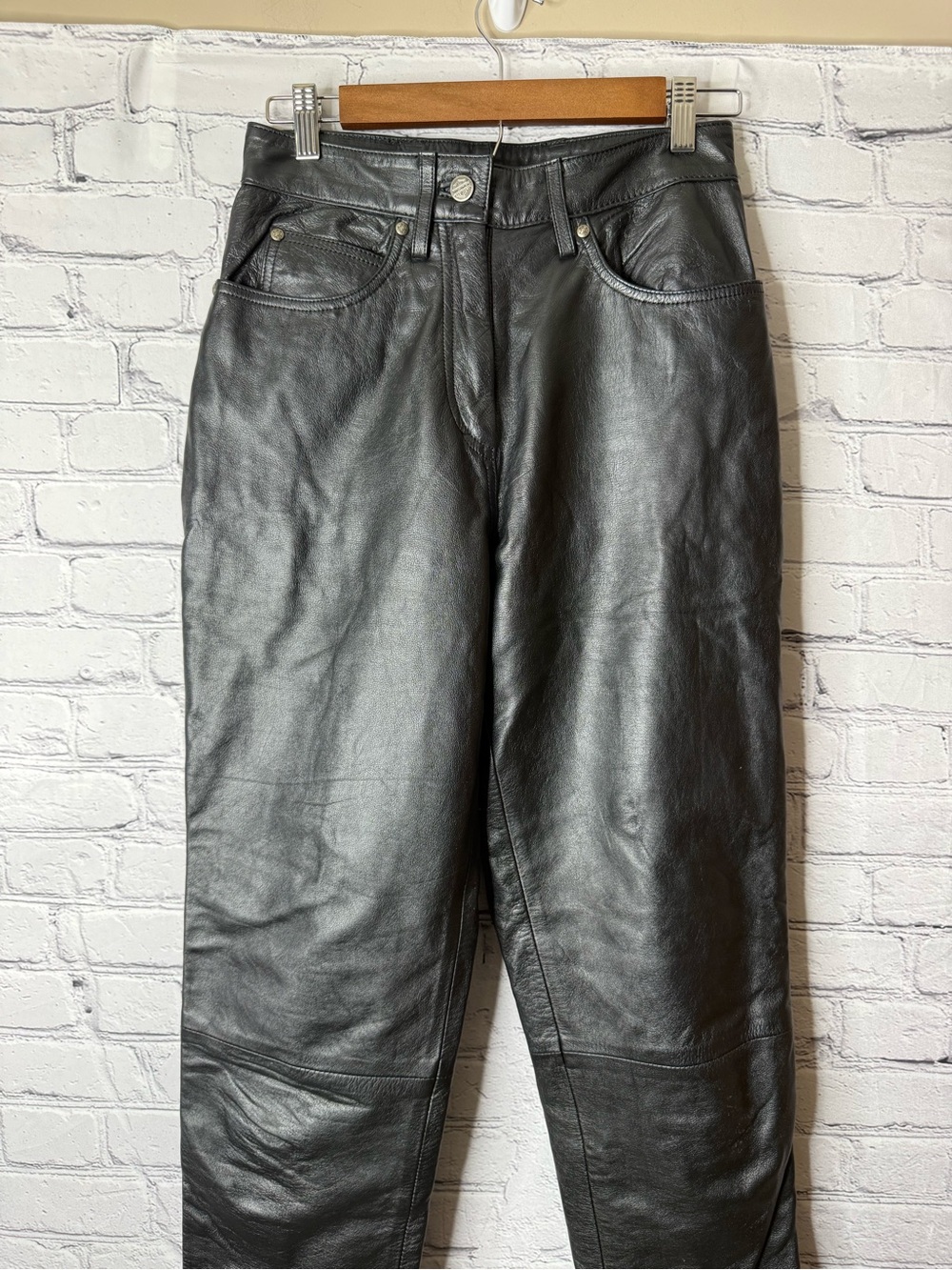 Harley-Davidson Black Leather pants with Gold, White and Orange Eagle Patch size